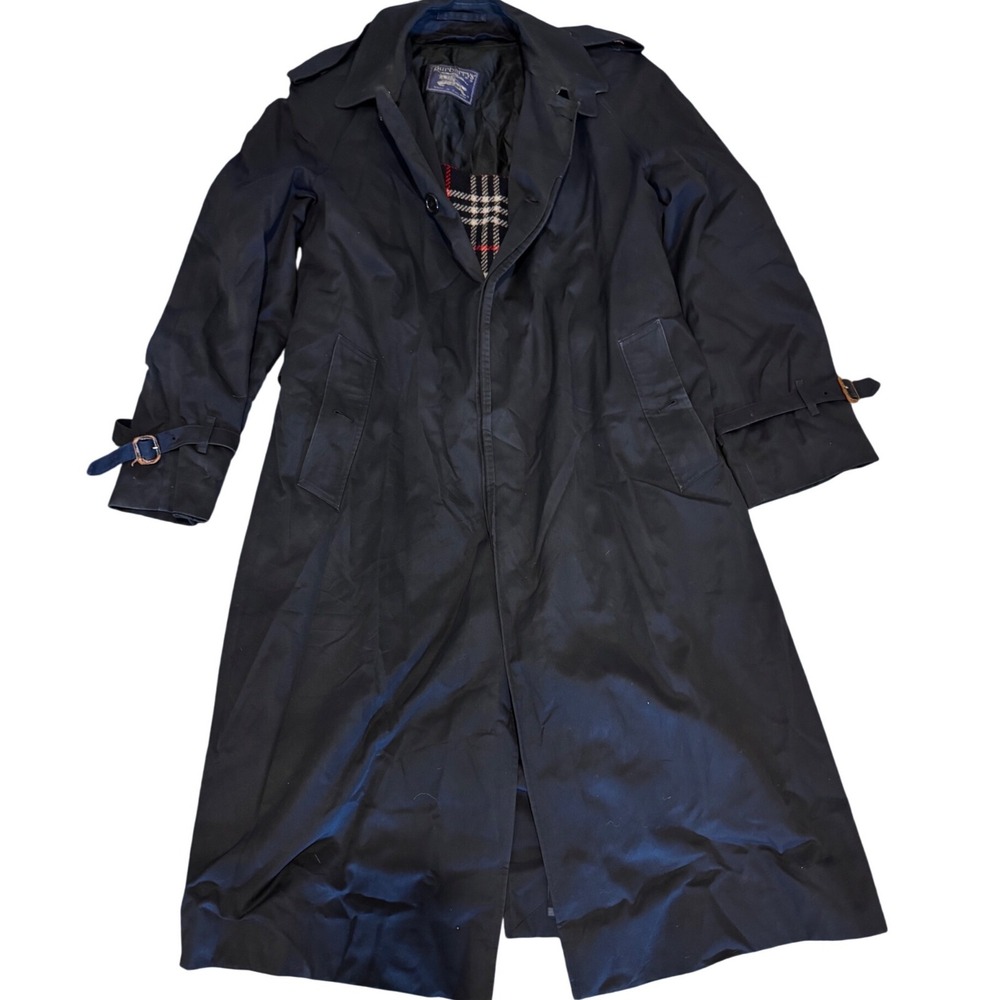 Vintage Burberrys Navy Trench Coat Wool Nova Check Liner Made in England 44L
